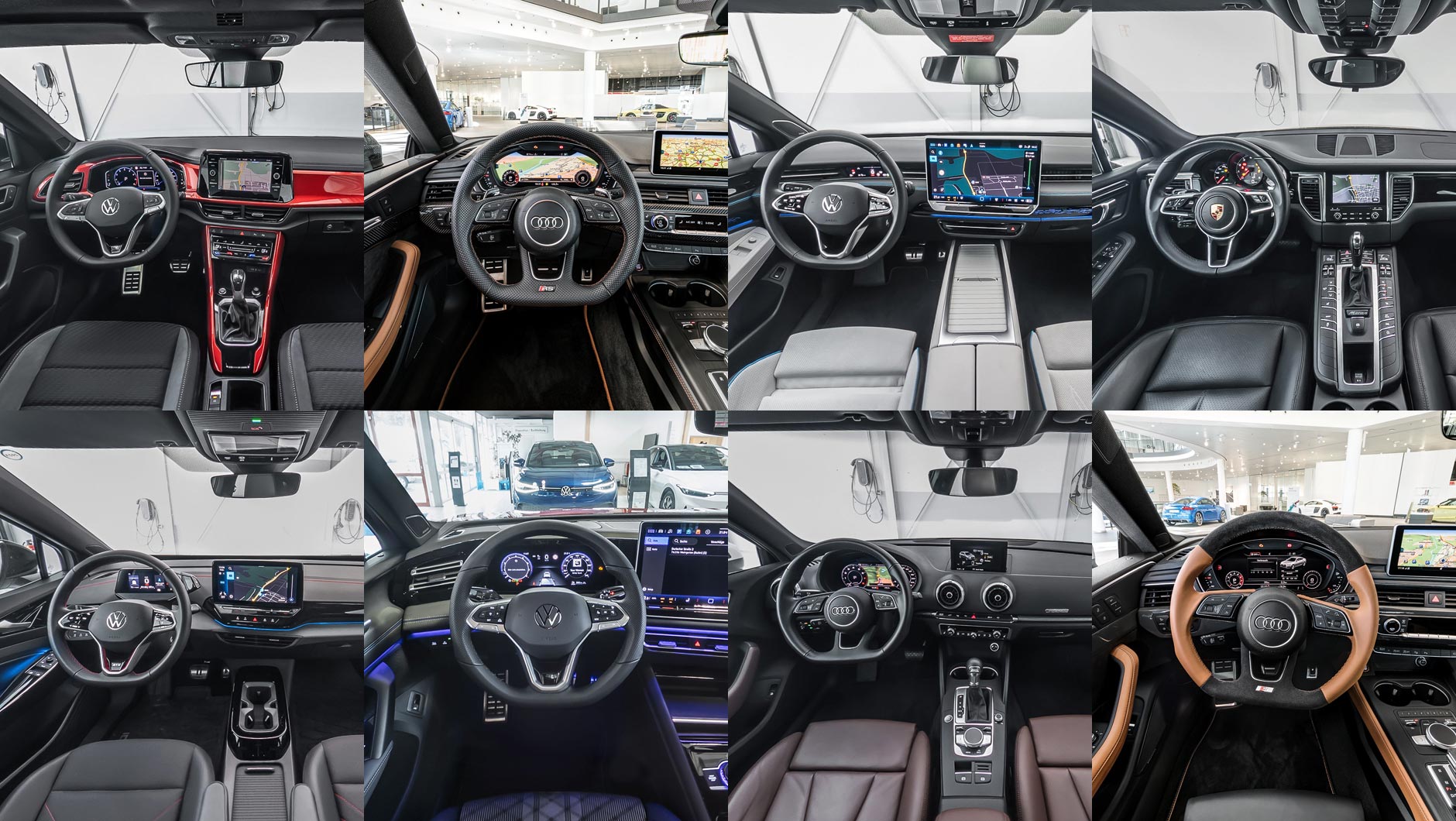 Collage bestehend aus verschiedenen Fahrzeug-Innenansichten unterschiedlicher Gebrauchtwagen